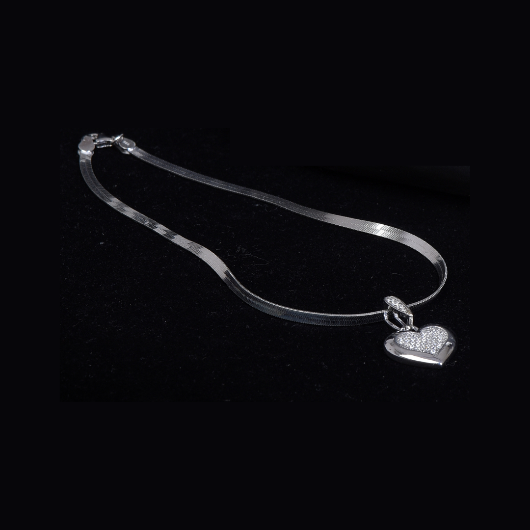 Delicate Heart Ankle Bracelet - Sterling Silver Chain Anklet with Cubic Zirconia Heart Pendant for Women and Girls