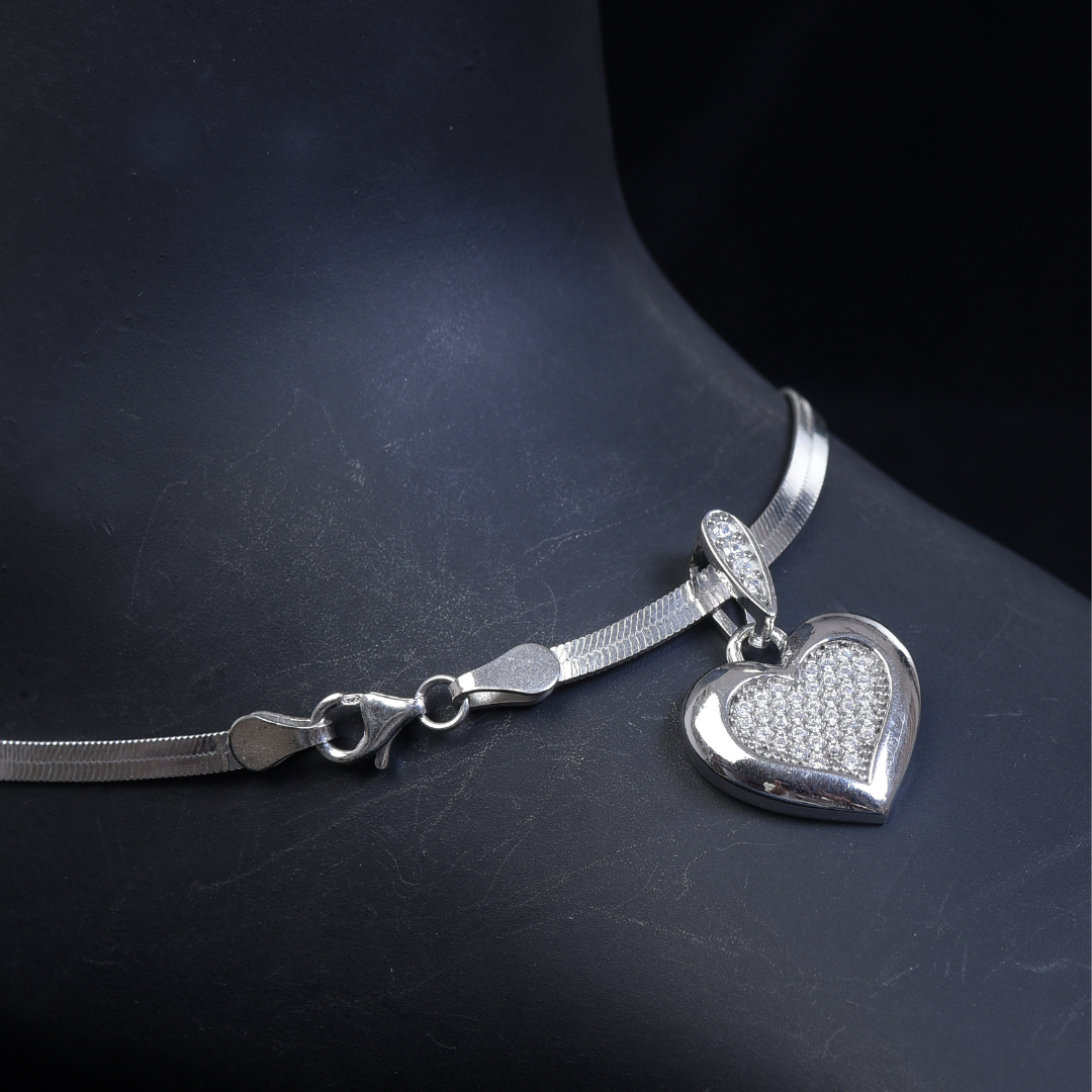 Delicate Heart Ankle Bracelet - Sterling Silver Chain Anklet with Cubic Zirconia Heart Pendant for Women and Girls